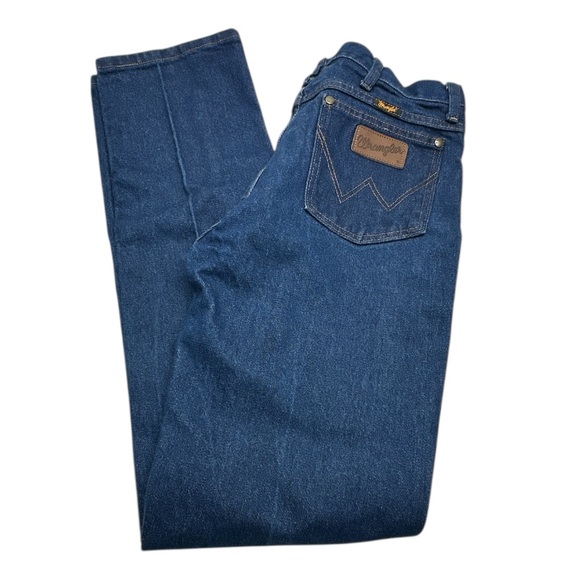 Men’s Classic Brown Patch Wrangler Blue Straight‎ Jeans Classic Style size 31x34 - Picture 1 of 6